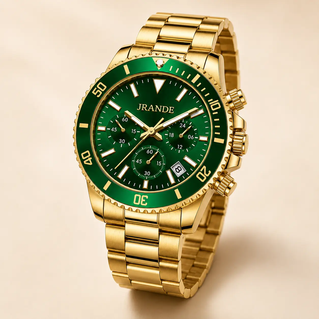 JRANDE Men's Chronograph Watch, 43mm Green Dial, Gold-Tone Stainless Steel Bracelet, Quartz Watch with Luminous Hands, Date Window, 30M Water Resistant