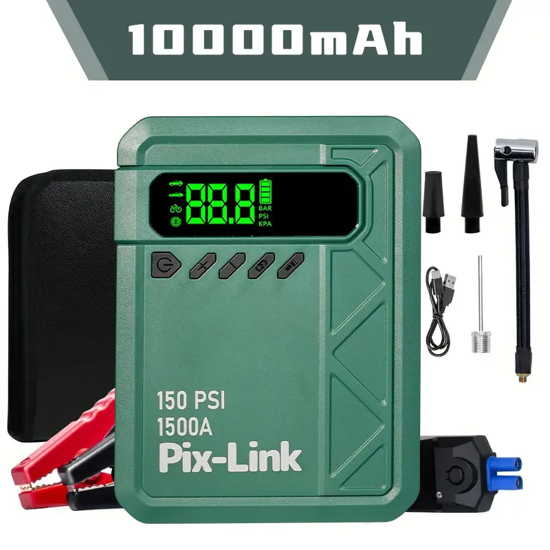 Portable Car Jump Starter with Air Compressor - 1500A Peak Current, 150 PSI Tire Inflator, 10000mAh Power Bank, LED Flashlight for Cars, Bikes battery switch