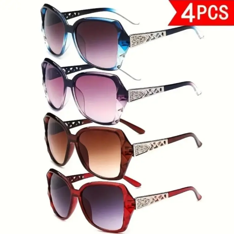 4 Pcs Women Large Sunglasses, UV 400 Glasses Oversized Classic Trend Ladies Sunglasses Sparkling Large FrameSummer Sun Large Frame Hollow Temple Trendy Eyewear | UV Protective Fashion Shades for Beach, Vacation, Daily Street Style & Summer Outdoor Looks