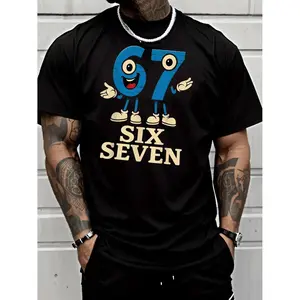 Men's Casual Crewneck T Shirt with Bold Graphics and Number 67 Character Mascot featuring Large Eyes Red Mouth White Shoes and Six Seven Text Breathable Lightweight Suitable for All Seasons