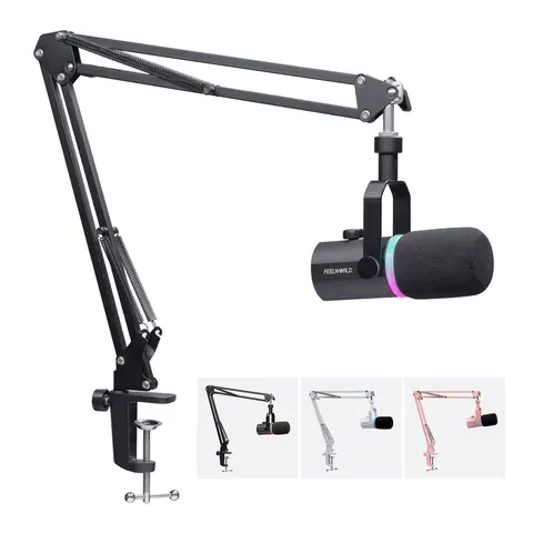 FEELWORLD PM1 XLR USB Dynamic Microphon White Pink Black Optional with Boom Arm Stand for Podcast Recording PC Computer Gaming Live Streaming Vocal Voice-Over, Studio Metal Mic, RGB Light, Mute Button, Headphones Jack