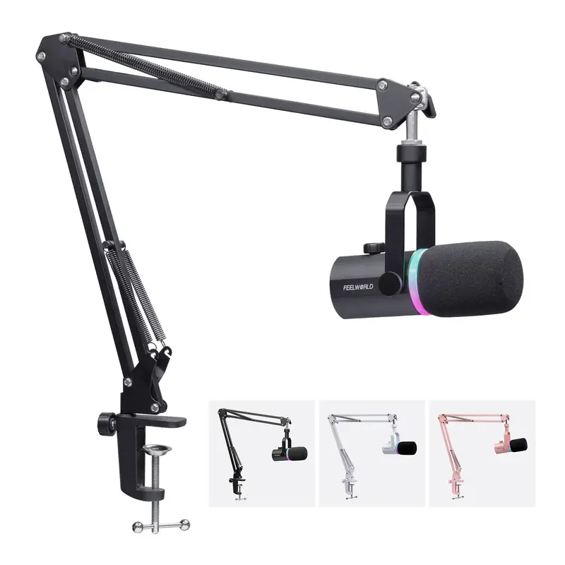 FEELWORLD PM1 XLR USB Dynamic Microphon White Pink Black Optional with Boom Arm Stand for Podcast Recording PC Computer Gaming Live Streaming Vocal Voice-Over, Studio Metal Mic, RGB Light, Mute Button, Headphones Jack