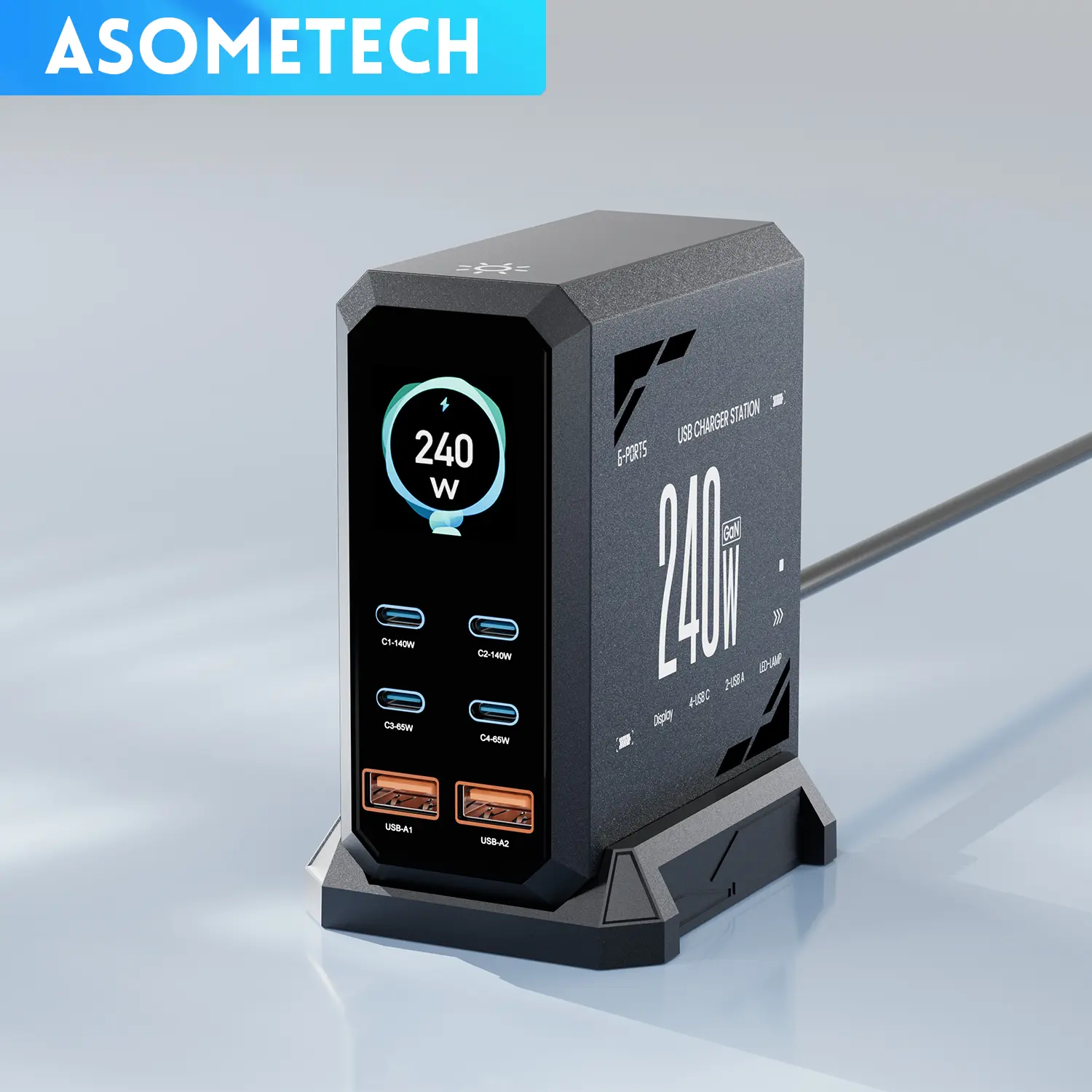 ASOMETECH 240W Digital USB C Charger Block 6 Ports Desktop GaN Charging Station, PD 3.1 140W USB C Fast Laptop Charger for MacBook Pro/Air, iPad,Fast Charger Power Adapter for iPhone 17 pro max,Samsung Cellphone,Black,Lcd Screen tiktokshopspringglowup tik