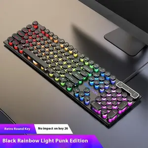 Retro Round Punk Mechanical Feel Keyboard Blue Black Switch 104 Keys Usb Wired Gaming Keyboards Rgb Backlit for Pc Laptop Gamers game