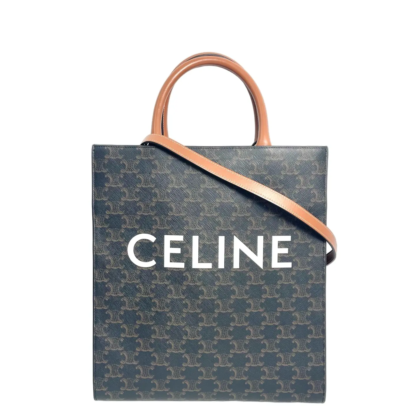 Pre-owned canvas Tote Bags Celine Small Vertical Cabas in Triomphe with Celine Print Tan