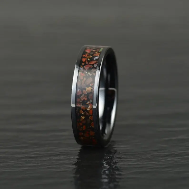 Red Rex - Dinosaur Bone Black Ceramic Tungsten Women's Wedding Band 4MM