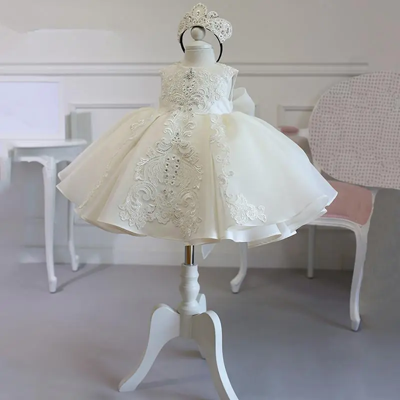 3M-4Y White Tulle Embroidery Big Bow Dress 2012 with Crown Rhinestone Kids Clothes Anniversary Birthday Baptism Flower Girls Frock Ball Gown Pageant Children Elegant Princess Prom Host Formal Evening Party Banquet Dress for All Season