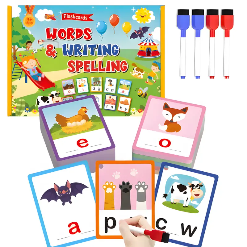 Preschool Learning Toys for Kids Ages 3-6, 100PCS CVC Word Flash Cards Set with Dry Erase Pens, Fun Phonics Reading Game, Spelling Writing Practice Activity, Reusable Educational Cards for Kindergarten Classroom Homeschool Learning