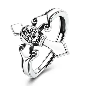 LAZA 925 Sterling Silver Gothic Skull Cross Ring – Vintage Oxidized Skeleton Crucifix Adjustable Open Band, Punk Biker Emo Jewelry Gifts for Men & Women