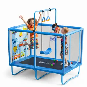 SkyBound Mini Square Trampoline for Kids with Basketball Hoop, 36"*55'' Indoor Outdoor Toddler Trampoline with Enclosure Net, Swing, two lifting rings,Colorful Ocean Balls, Birthday Gift for Boys Girls,basketball