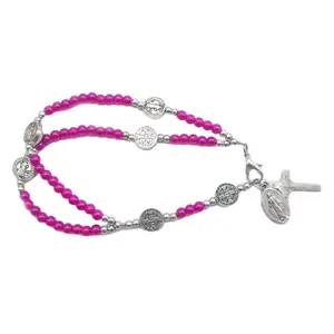 Catholic Cross Finger Chain Pearl Beaded Rosary Bracelet for Christening Gift