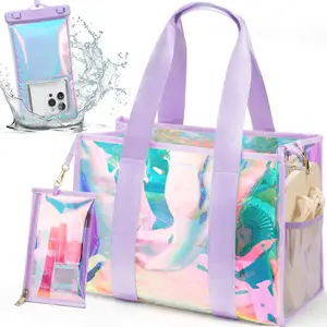 Beach Bag for Women Clear Iridescent Zipper Pool Swim Beach PVC Tote Bag w/Makeup Bag & Waterproof Phone Pouch Summer Essentials for Sports Events Concert Beach Work Swimming pool Easter Basket idea