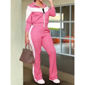 Women's 2 sets fashion comfortable color contrast stitching sports style zipper coat and casual pants spring and autumn