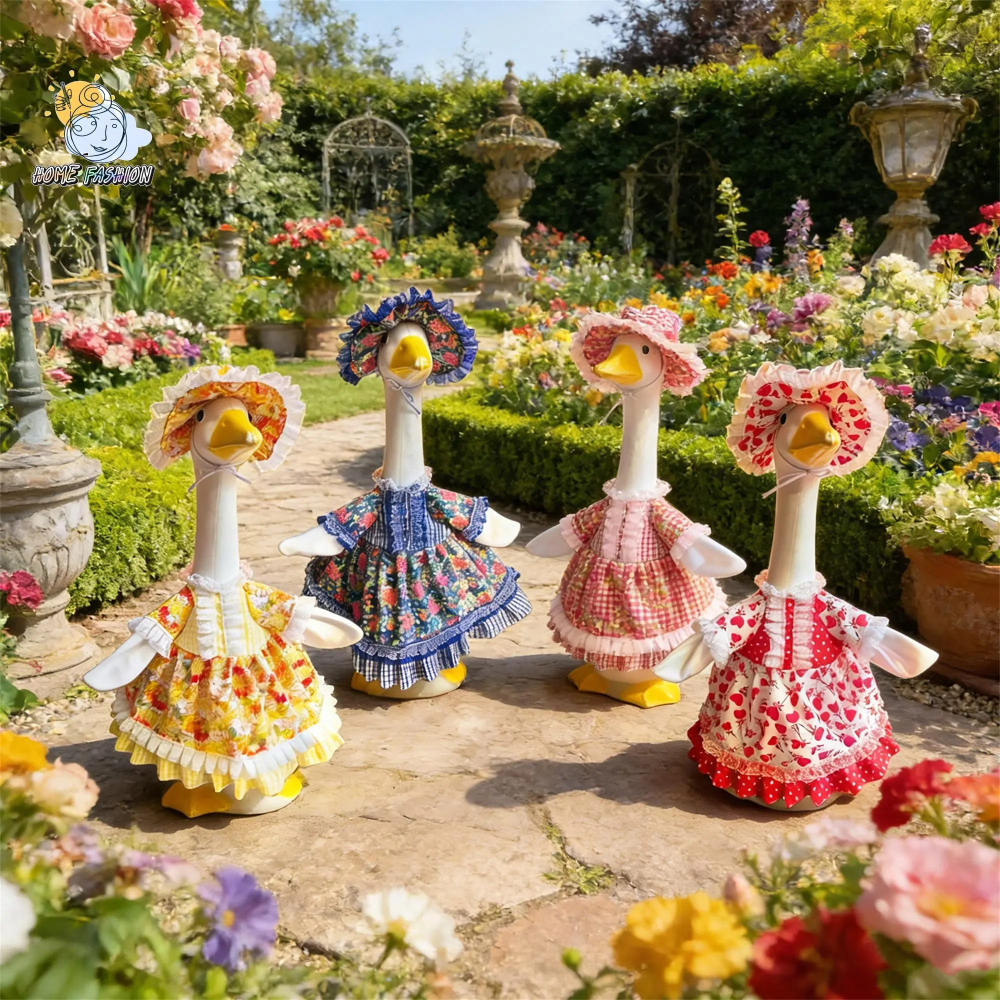 2 Pcs Set Porch Goose Outfits Stylish Cute Goose European-style Noble Lady Outfits Clothes Print Ruffled Trim Dress And Hat