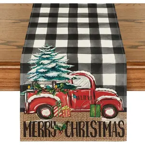 Christmas Tree Table Runner, Seasonal Truck Gifts Kitchen Dining Table Decoration for Outdoor Home Party 13x72 Inch