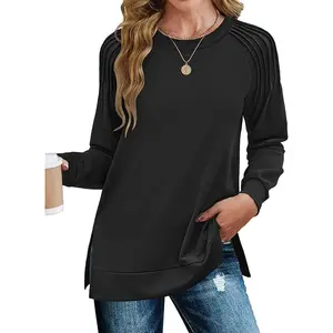 Tunic Tops for Women 2025 fall Long Sleeve Shirts Dressy Casual Crewneck Pleated Cute Tops Side Split Sweatshirts