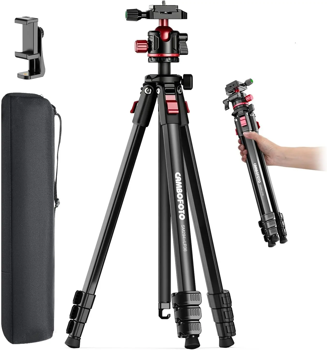 CAMBOFOTO 68" Aluminum Travel Tripod with Ball Head, Phone Holder, QR Plate - Portable Camera Tripod Stand for Phone, Camcorder, DSLR, Mirrorless, 8.8lbs Load Capacity, Adjustable Bubble Level for Video Recording Custom Magnetic Rubber Durable Smartphone