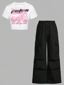 Toddler Girl's Letter Print Tee & Pants Two-Piece Set, Casual Outfit Set, Casual Short Sleeve T-shirt & Pants for Summer, Kids Clothes for Daily Wear, Casual Fashion Set, Baby Girl Clothes, Summer Clothing Set