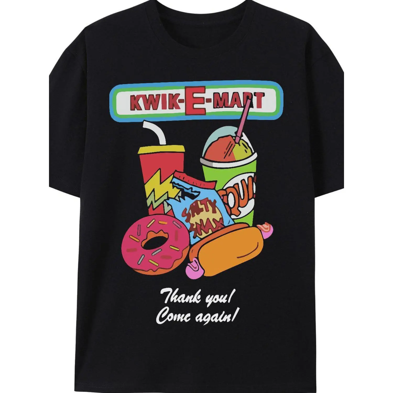 Women's 180g Cotton Graphic T-Shirt, Kwik E Mart Parody Short-Sleeve Top, Retro Convenience Store Style with Homer-Inspired Donuts, Hot Dogs, "Thank You Come Again" Slogan, Breathable Casual Tee for Fans, Tops