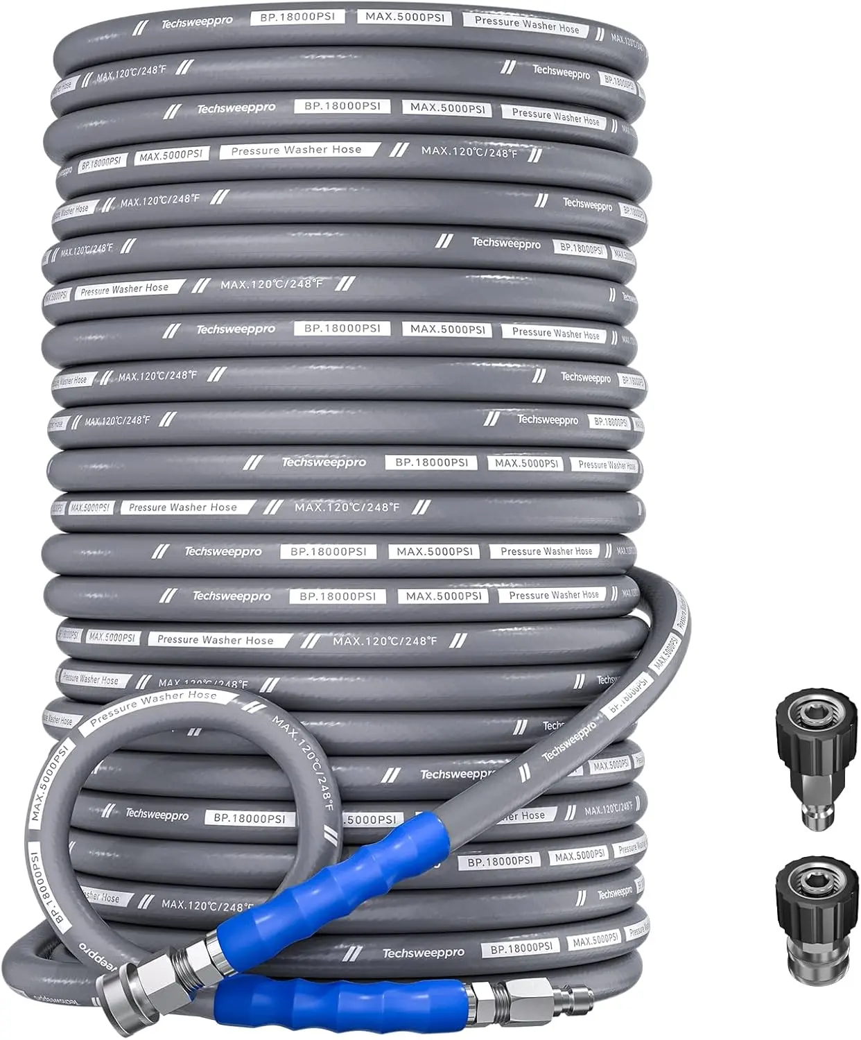 POHIR 100ft Length High Tensile Kevlar Aramid Fiber Pressure Washer Hose, 5000 PSI Flexible 3/8 Inch Quick Connect Hose, Anti-Kink Lightweight Grey, 2 M22 14mm Adapters for Driveways, Car Washing, Commercial Cleaning