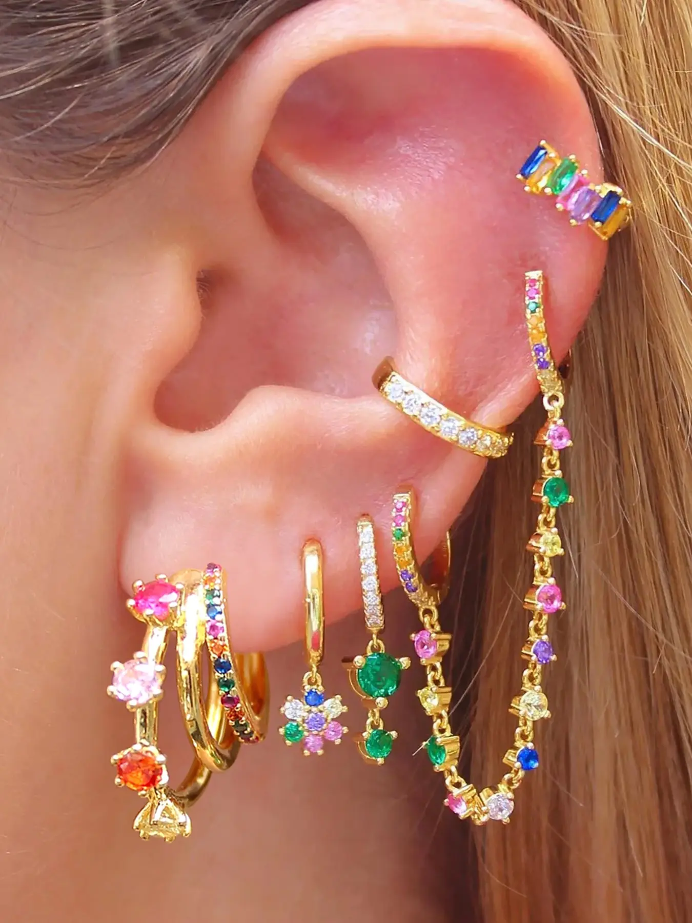 6 Pcs Luxury 24K Gold Plated Cubic Zirconia Multicolor Stud Earrings Set Stackable Earrings For Women Colorful Zircon Chain Hoop Earrings Pack Flower Drop Dangle Earrings Stack Fashion Jewelry Gift Unique Design Earrings