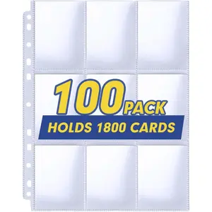 Trading Card Sleeve Pages,  100 Pack 9 Pocket Trading Card Storage Album Pages 11 Holes Fit 3 Ring Binder