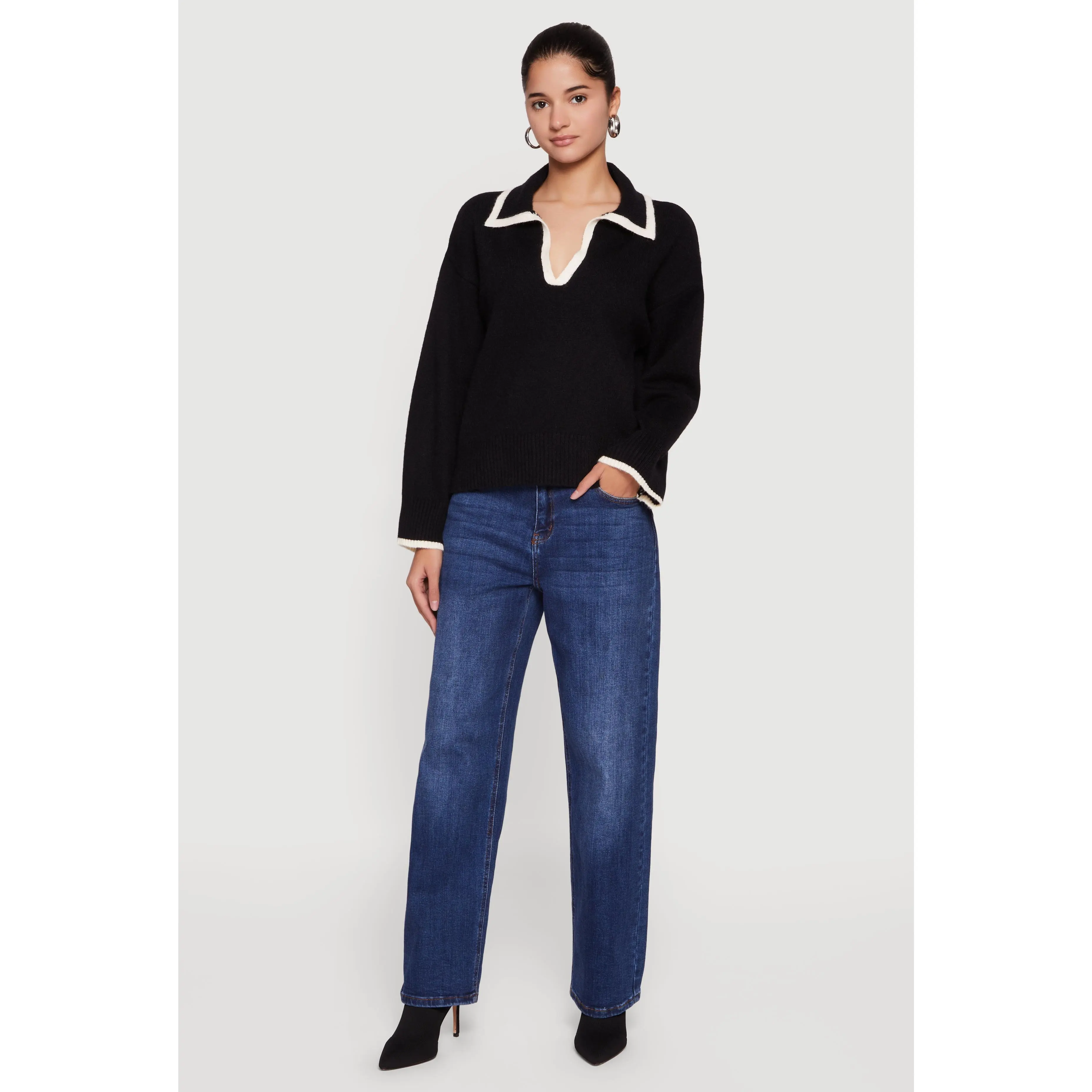 Contrast Trim Johnny Collar Polo Sweater