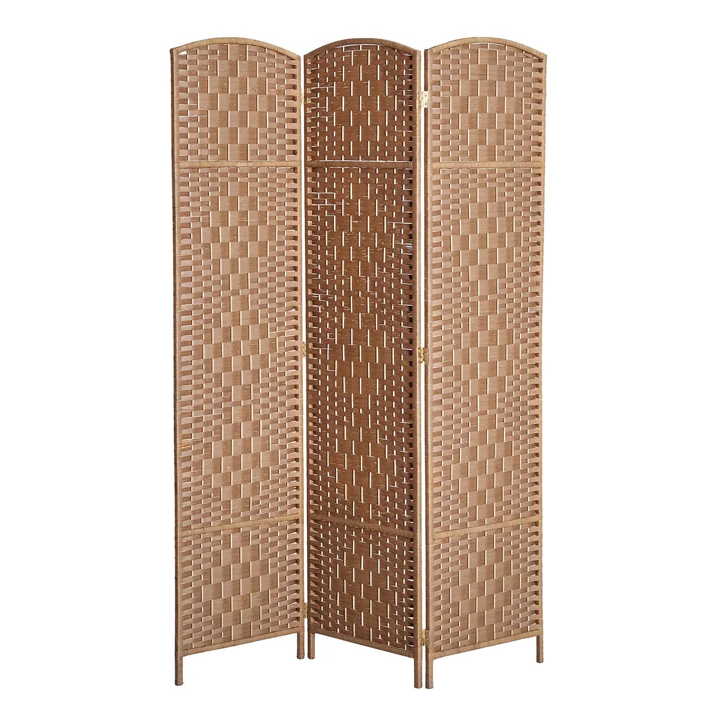 3 Panel Wicker Room Divider – Natural Wood. 6' Tall Privacy Screen. Arched Top + Poplar Wood Frame. 360° Dual-Direction Hinges. 53.1" W x 70.9" H