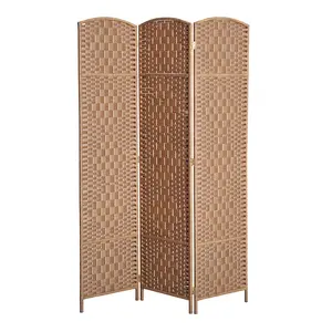 3 Panel Wicker Room Divider – Natural Wood. 6' Tall Privacy Screen. Arched Top + Poplar Wood Frame. 360° Dual-Direction Hinges. 53.1" W x 70.9" H