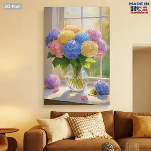 2D Flat Canvas Wall Art Multicolor Hydrangea Flower Vase Window Scene Made In Usa Home Decor For Living Room Bedroom feminist print