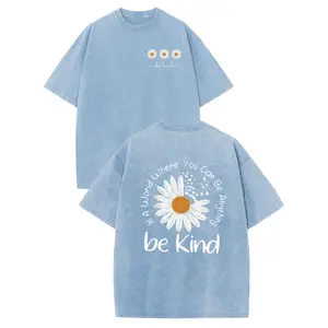 Women's Vintage T-Shirt, Oversized Acid Wash 100% Cotton Top with "Be Kind" Daisy Graphic, Retro Athletic Front and Back Print, Sports