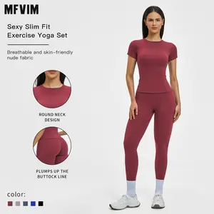 MFVIM Female 2-Piece Slim-Fit Tracksuit Set - Brushed Crew-Neck Short-Sleeve T-Shirt, Below-the-Ankle Yoga Bottoms - All-Seasons Active Lifestyles Workout Clothes