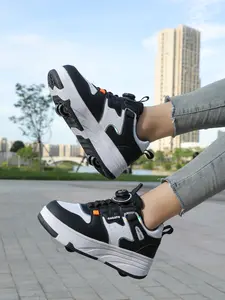 Boys' Four-Wheel Roller Skates, New Wheel Sports Shoes, All-Season PU Leather Lightweight Durable Skate Shoes