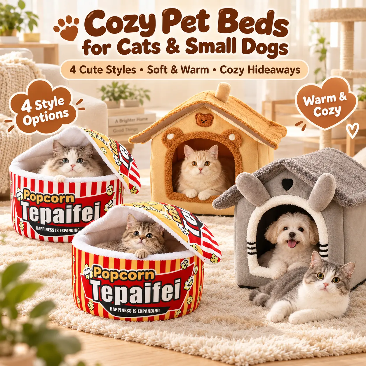 Soft Plush Cat House Bed for Indoor Cats, Cozy Enclosed Pet Cave Hideaway with Popcorn & House Designs, Warm Covered Sleeping Nest for Kittens, Puppies and Small Dogs