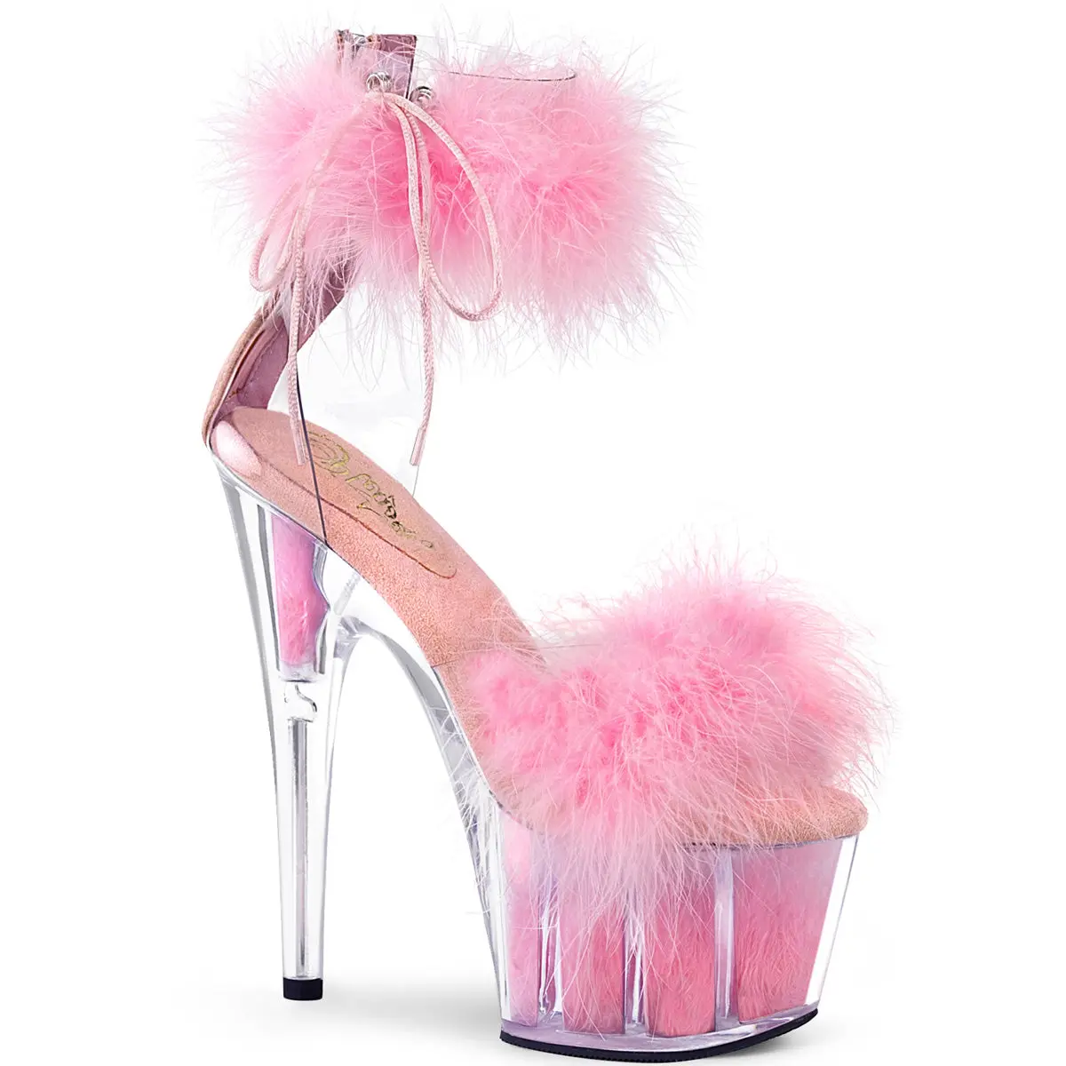 Women's Platform Stilettos with Pink Marabou Fur, 7 in Heel for Exotic Dancers, Transparent Platform with Floating Effect and Side-Lacing Ankle Cuff, High Heel, Women's Fashion, Comfortable Heels, Zip