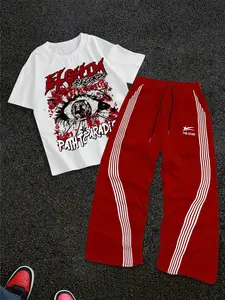 Men's Short Sleeve Tee & Sweatpants Set, Outfit, Fitted, Eye Letter Print Design, Casual Streetwear Style, Fall Winter Fashion, Trendy Youth Campus Wear, Knit, Sporty, Clothes, Menswear