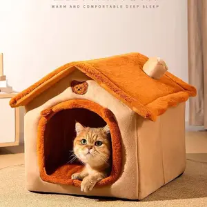 All-Season Warm Enclosed Cat House Villa Washable Removable Cover Cozy Pet Nest Warm Cave Bed for Cats Small Dogs
