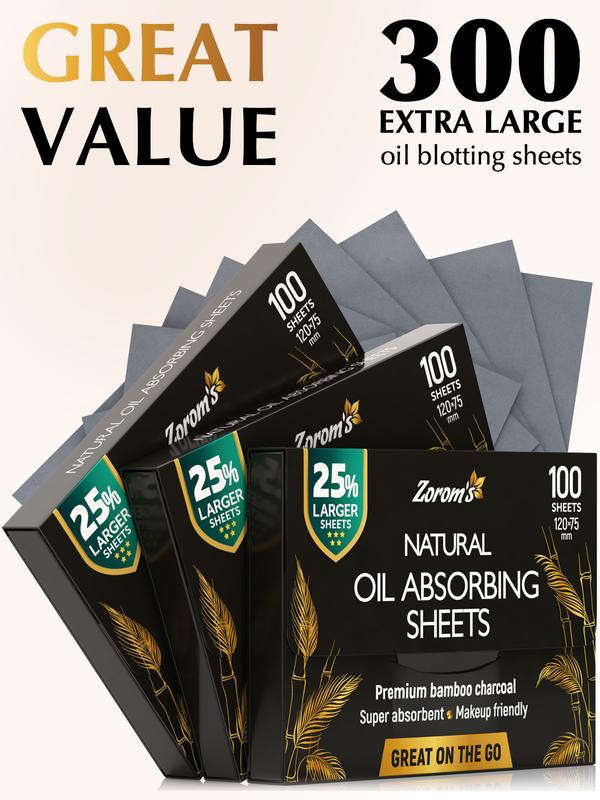 Natural Oil Blotting Sheets for Face with Bamboo Charcoal - 25% Larger - 3pk/300 Makeup Friendly Oil Absorbing Sheets for Face - Easy Dispensing Blotting Papers - Perfect for Keeping in Purse