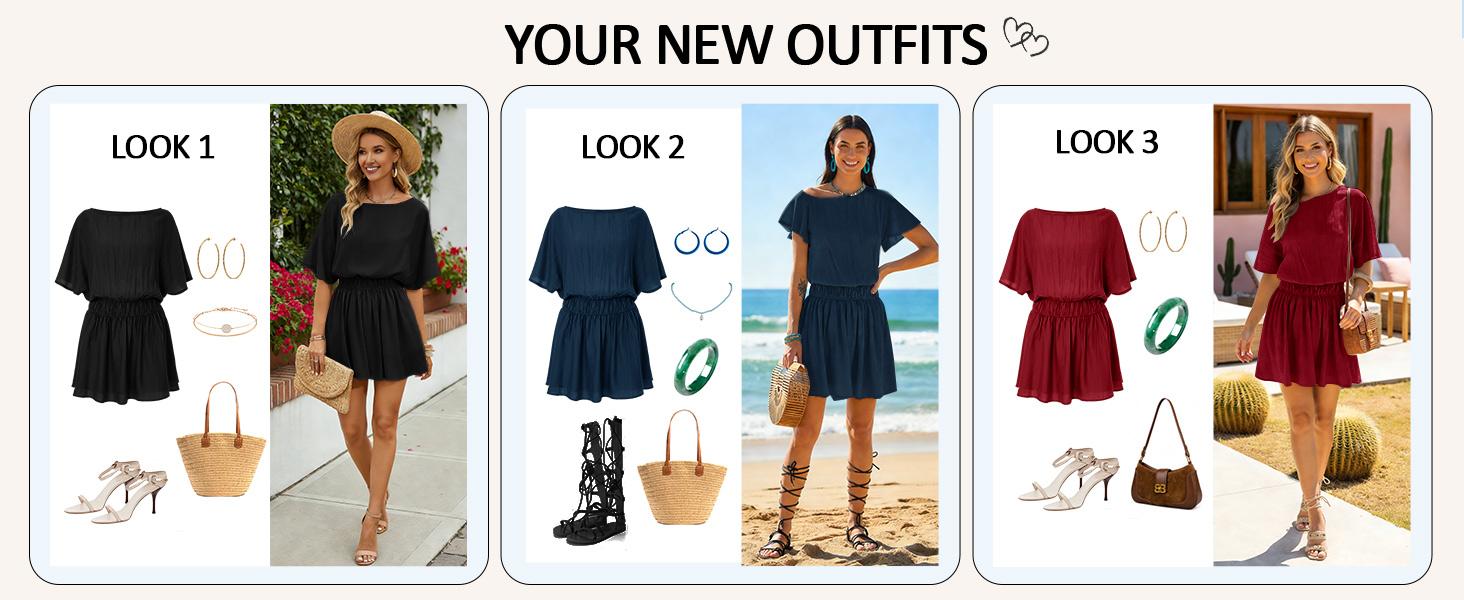 EASORA Women's Off The Shoulder Summer Dresses Short Batwing Sleeve Cinched Waist Mini Dress Casual Ruffle A-Line Short Dress Clothes Womenswear