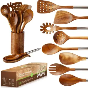 Wooden Utensil Set 10 Pcs with Stainless Steel Handle, Natural Teak Wooden Cooking Set with Holder & Spoon Rest, Wooden Spoons for Cooking, Non-scratch, Sturdy & Easy to Clean, Kitchen Gifts