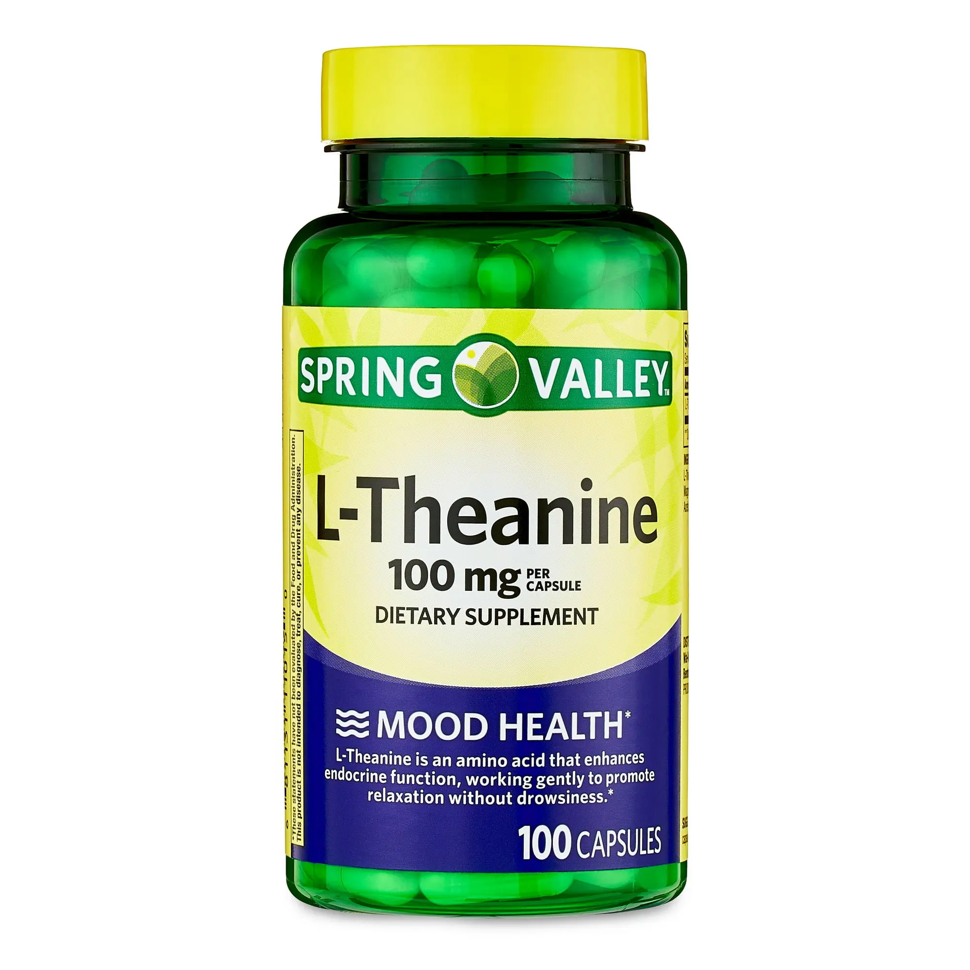 Spring Valley L-Theanine Capsules Dietary Supplement 100 mg Unflavored 100 Count for Mood Health, Suitable for Adults - Healthcare, Fitness