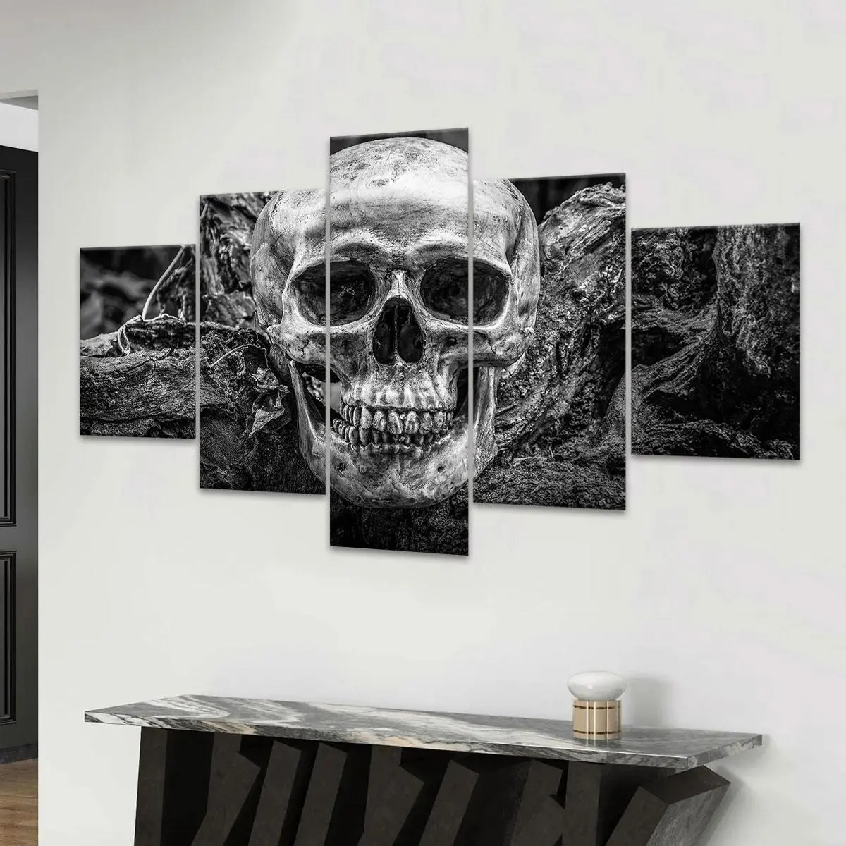 Skull Pattern Canvas Painting, 5 Counts/set Modern Art Design Wall Art Painting, Wall Art Decor for Home Living Room Bedroom Office, Modern Home Decoration, Ornaments, Artwork, Tombstone Wall Art