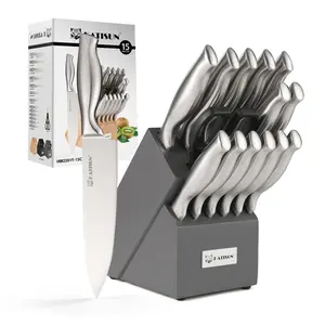Container 15 Pieces Carbon Steel Kitchen Knife Block Set, Silver Hollow Ergonomic Handle for Chef, with 6 Steak Knives, Gray Knife Block,TikTokShopBlackFriday ,Utensils, Kitchenware,Storage, Cutting ,Christmas gifts Box