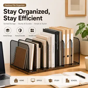 Metallic & Wooden Desktop File Organizer, 7-Section Vertical Folder Rack, Teacher Office Desk Document Storage, Office Table File Management