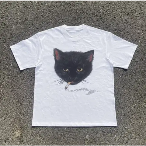 Men's Cotton Short-Sleeve Round Neck Smocking Cat Graphic T-Shirt - Y2k Gothic Grunge Emo Style Menswear, All-Seasons Casual Streetwear Classic Top