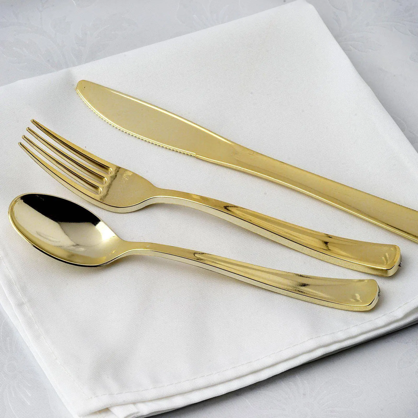 24-Pack Gold Tone Heavy-Duty Plastic Flatware Set - 7in & 8in Glam Polished Metallic Disposable Dinnerware Service Set, Hand Wash Compatible Kit with Fork, Knife, Spoon for Special Events, Modern Tableware