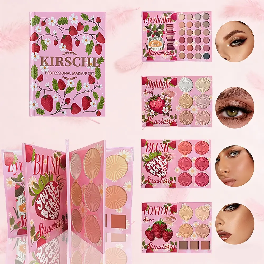 Adorable Strawberry Makeup Palette, Dreamy 4-Page Book with Full Face Makeup, Cute & Aesthetic Gift for Girls, Makeup Gift Sets, Perfect Beauty Accessory, Glam Set