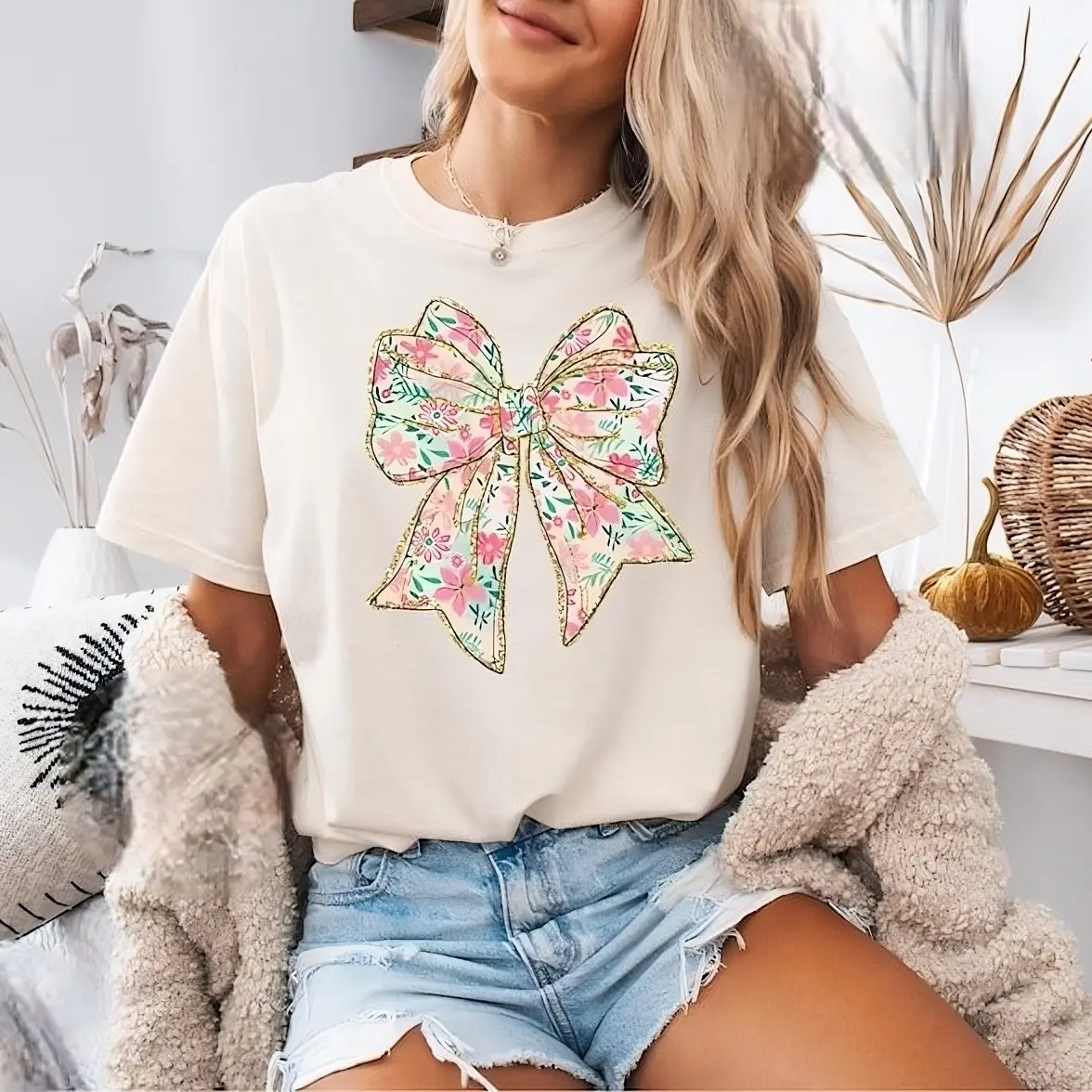 Women's Coquette T-Shirt, Floral Bow Graphic Soft Cotton Tee, Oversized Shortsleeve Casual Aesthetic Top, Casual Comfy Fashion