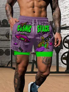 Men's Double-Layer Gym Shorts, Alien Print, Anti-Chafe Lining, Elastic Drawstring Waist, Outdoor Training, Summer Fitness, Casual, Cartoon Graphic Shorts