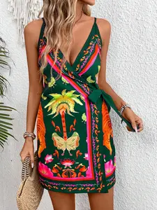 Women's Tropical Print V Neck Dress, Thin Strap Tie Back Design, Perfect for Vacation, Elegant Summer Fashion
